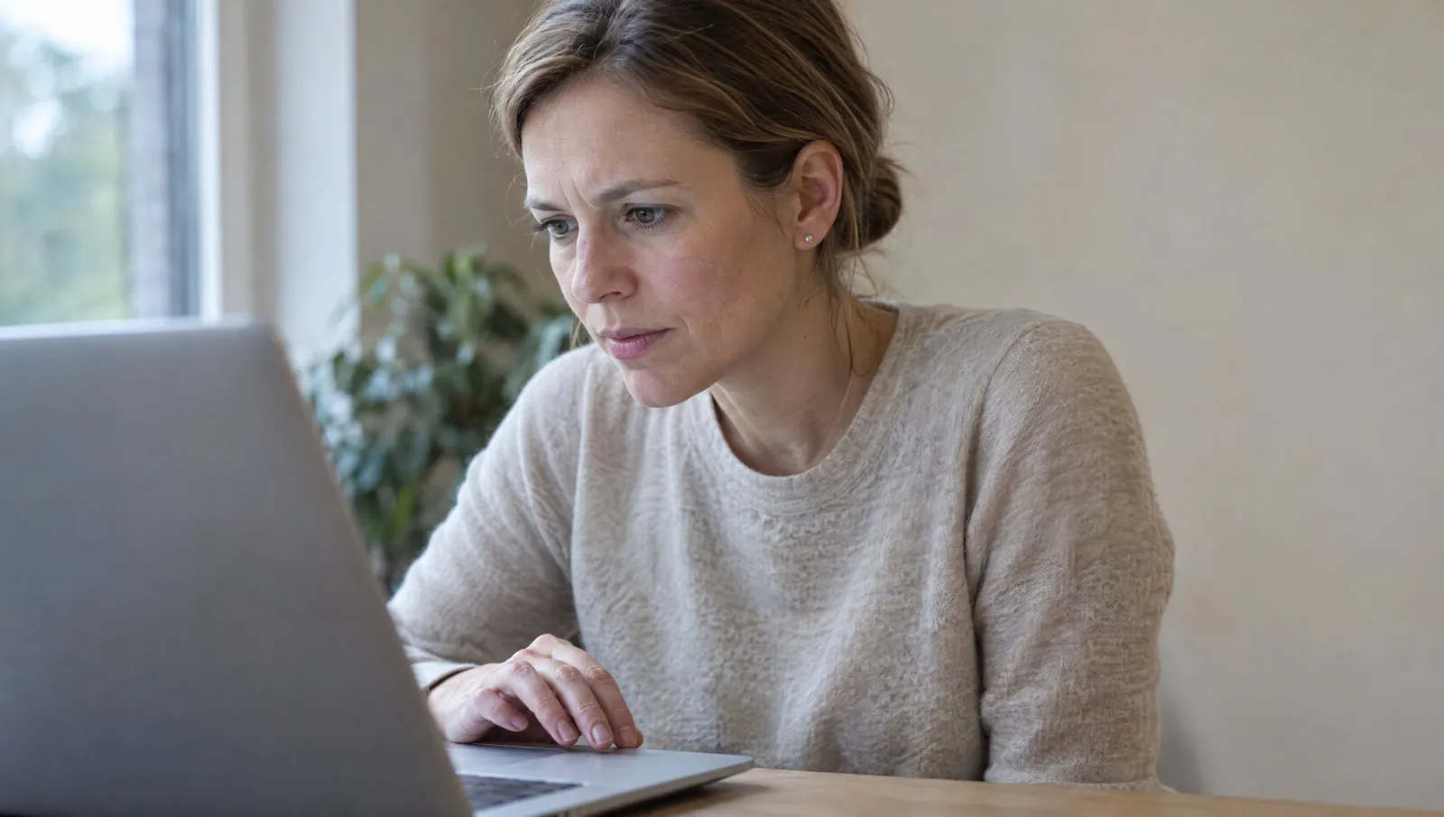 A professional reads her laptop screen closely, working out what it asks of her before she goes on